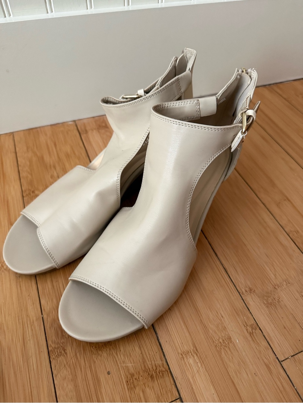 Kenneth Cole Reaction Cream Open-Toe Ankle Booties with Buckle
